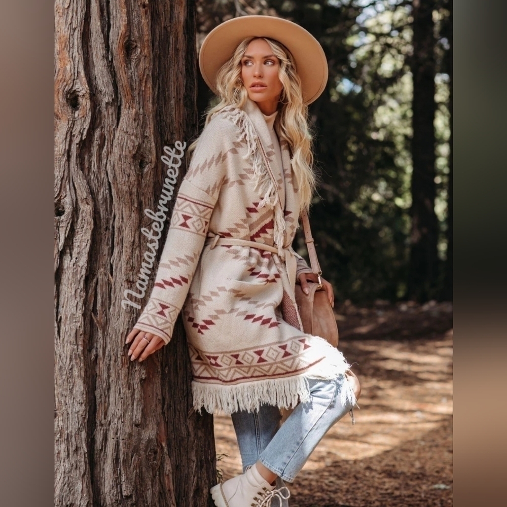 VICI Large Pocketed Belted Fringe Cardigan